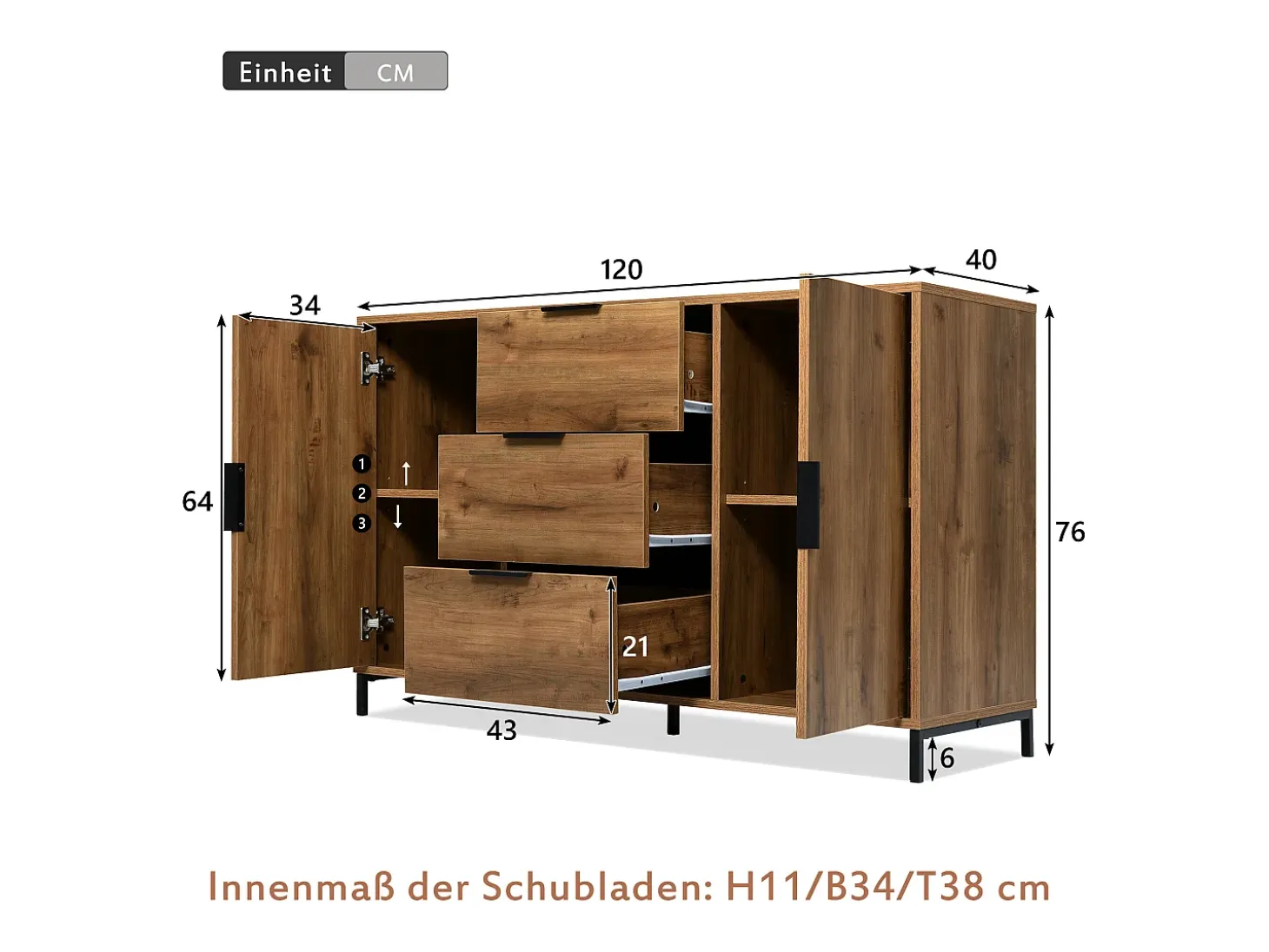 Aparador 120x40x76cm con 3 cajones y 2 puertas, en madera natural oscura, patas de metal negro.