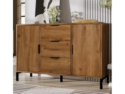Aparador 120x40x76cm con 3 cajones y 2 puertas, en madera natural oscura, patas de metal negro.