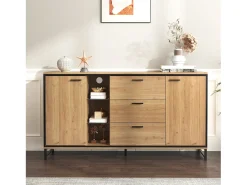 Aparador 160x40x85cm con 3 cajones, 2 puertas, 3 nichos y LED, cuerpo en chapa de madera natural clara