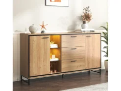 Aparador 160x40x85cm con 3 cajones, 2 puertas, 3 nichos y LED, cuerpo en chapa de madera natural clara