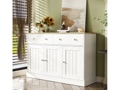 Aparador 120x36x80,5cm con 2 cajones y 3 puertas, tablero en veta de madera natural clara, cuerpo blanco con tiradores plateados