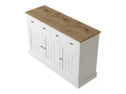 Aparador 120x36x80,5cm con 2 cajones y 3 puertas, tablero en veta de madera natural clara, cuerpo blanco con tiradores plateados