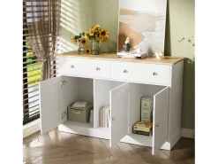 Aparador 120x36x80,5cm con 2 cajones y 3 puertas, tablero en veta de madera natural clara, cuerpo blanco con tiradores plateados