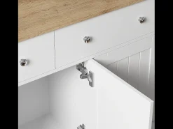 Aparador 120x36x80,5cm con 2 cajones y 3 puertas, tablero en veta de madera natural clara, cuerpo blanco con tiradores plateados