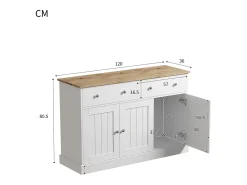 Aparador 120x36x80,5cm con 2 cajones y 3 puertas, tablero en veta de madera natural clara, cuerpo blanco con tiradores plateados