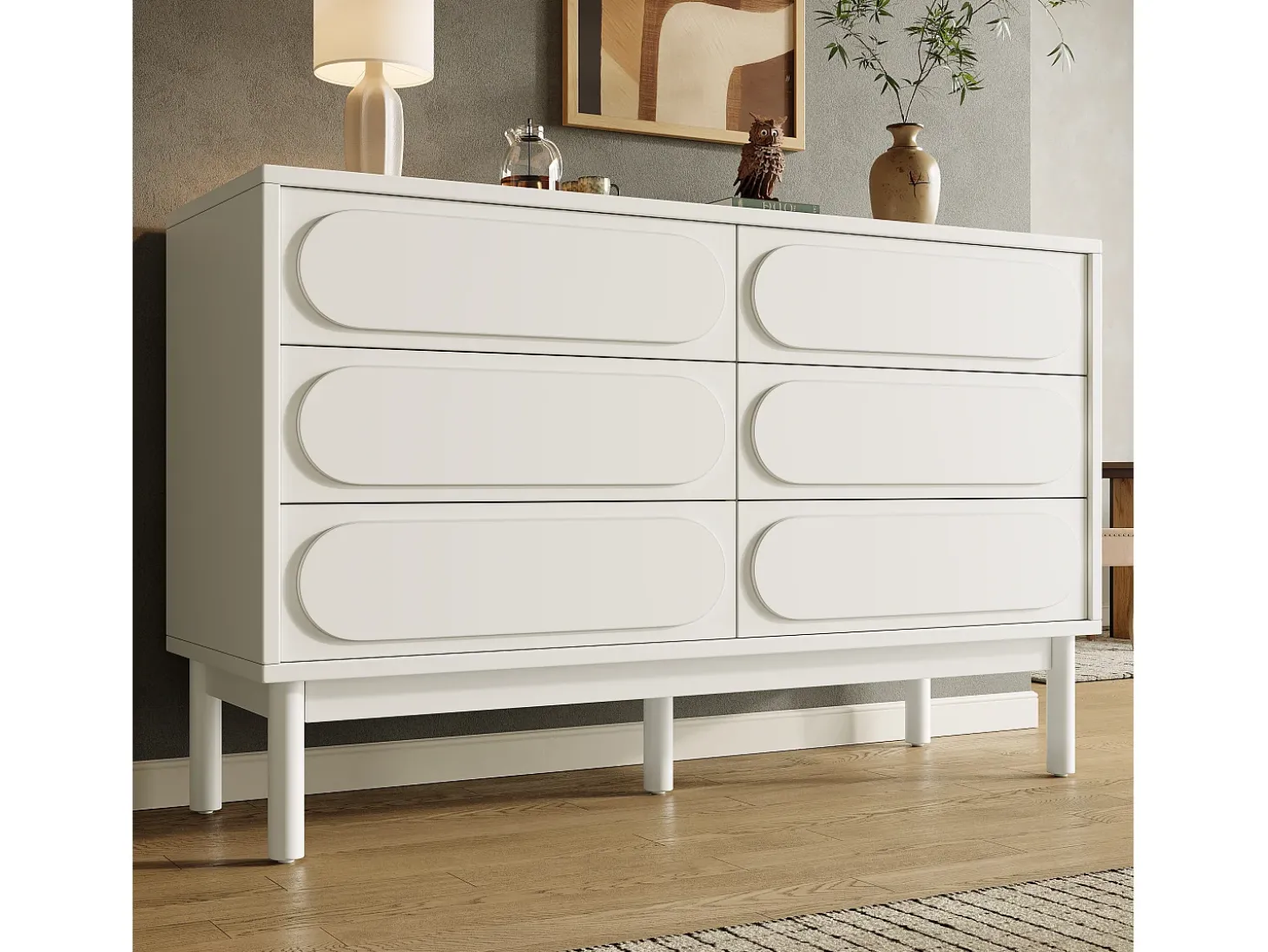 Aparador 120x40x75cm con 6 cajones, decoración relieve 3D, cuerpo de MDF blanco