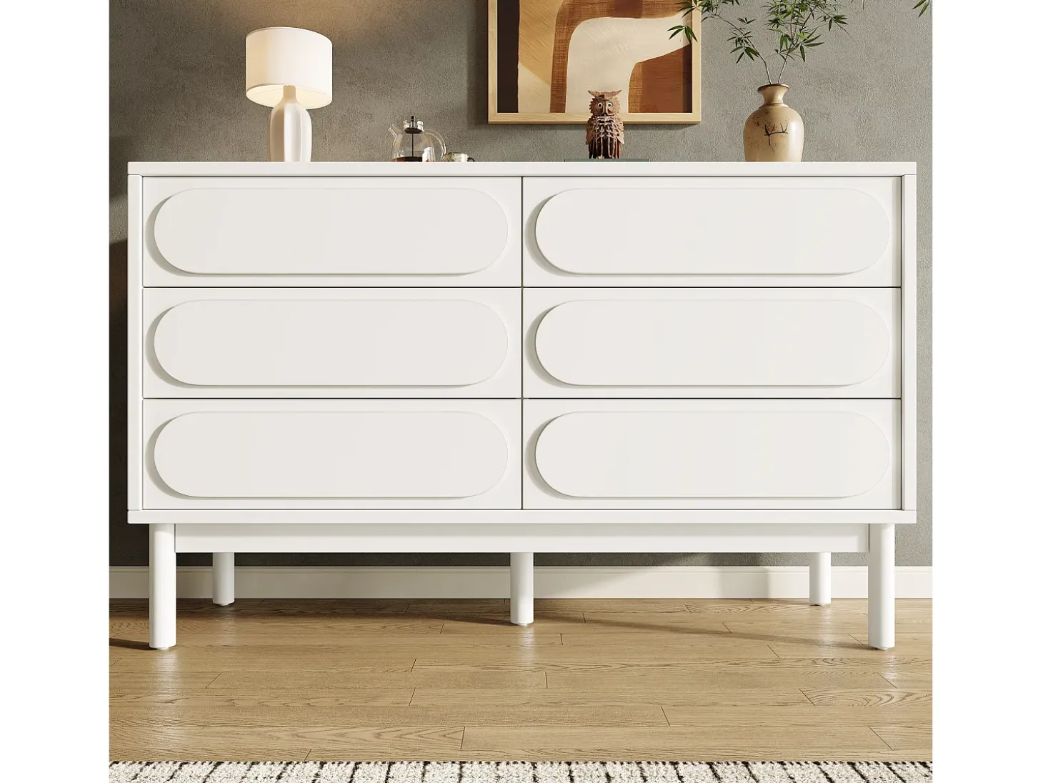 Aparador 120x40x75cm con 6 cajones, decoración relieve 3D, cuerpo de MDF blanco