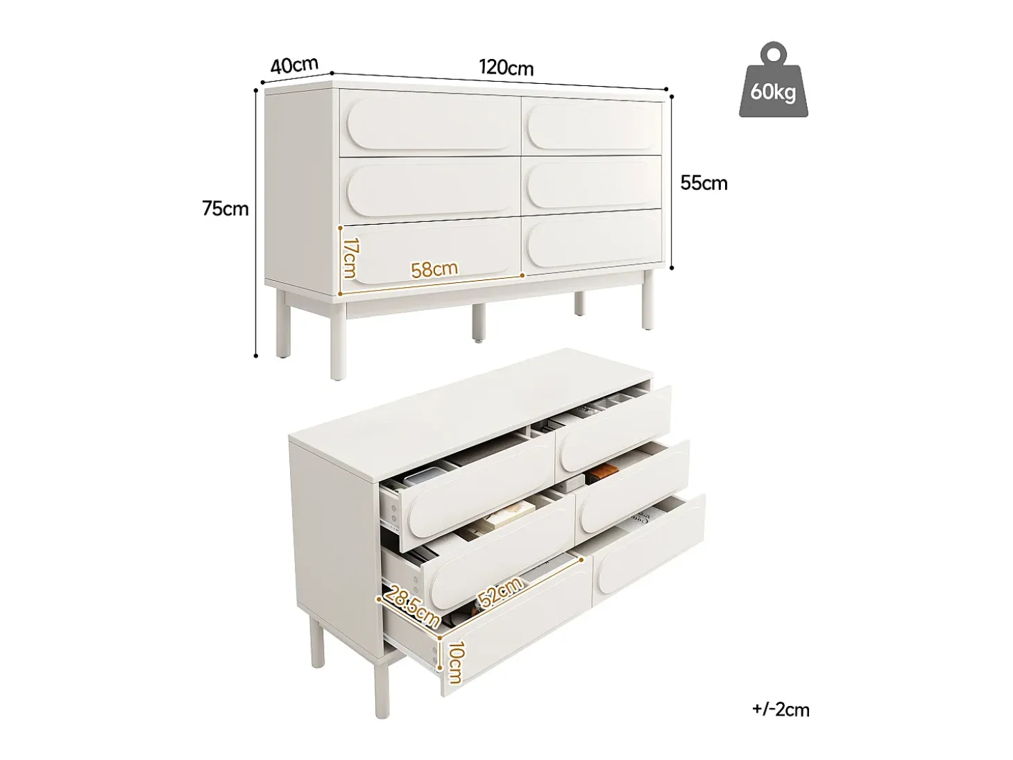 Aparador 120x40x75cm con 6 cajones, decoración relieve 3D, cuerpo de MDF blanco