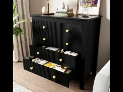 Aparador 79x39,5x80,5cm con 5 cajones, cuerpo negro con tiradores dorados