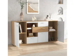 Aparador 160x40x77cm con 4 cajones, 2 puertas, 1 nicho y LED, cuerpo en madera y chapa blanca