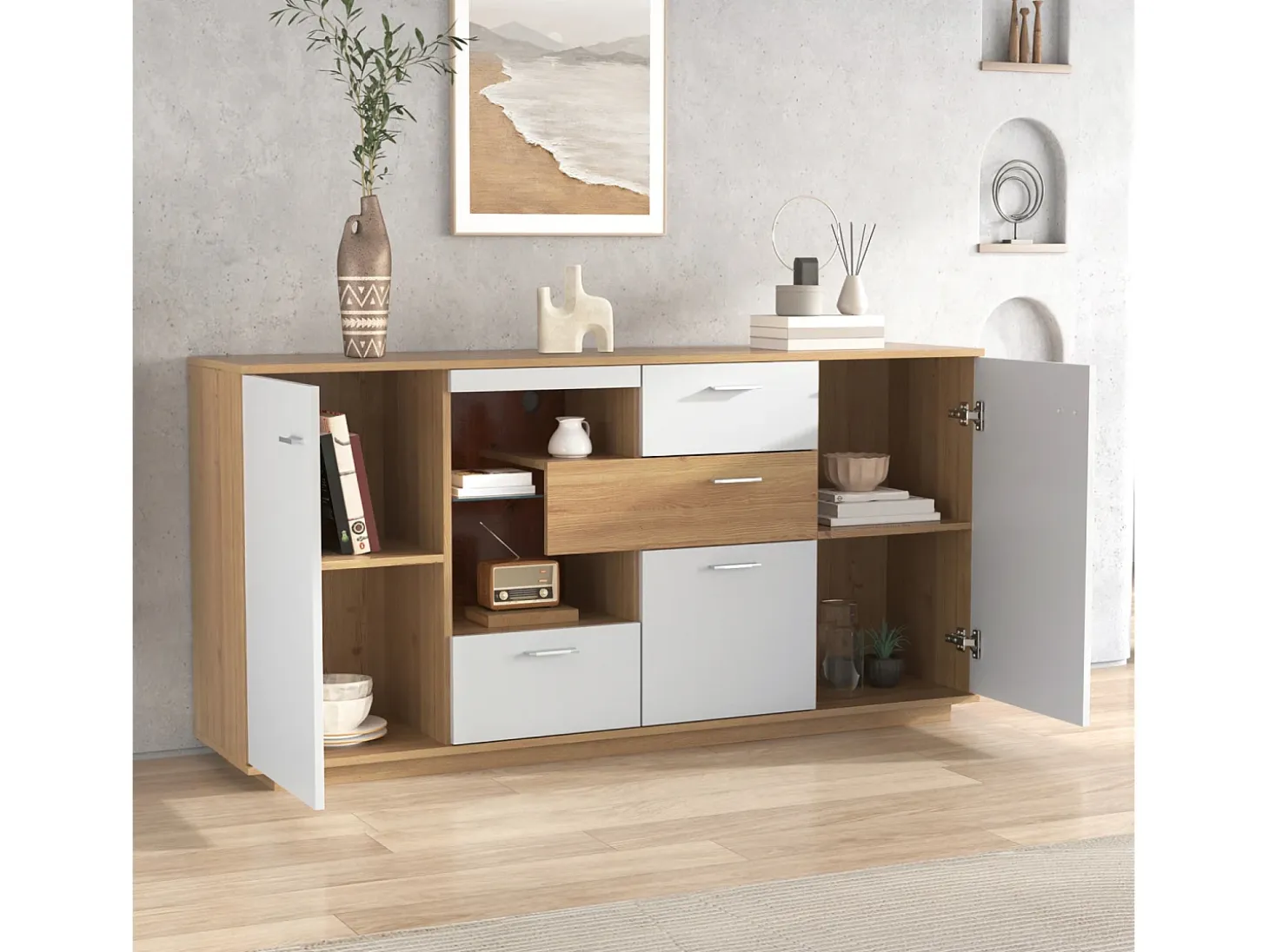 Aparador 160x40x77cm con 4 cajones, 2 puertas, 1 nicho y LED, cuerpo en madera y chapa blanca