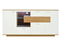 Aparador 160x40x77cm con 4 cajones, 2 puertas, 1 nicho y LED, cuerpo en madera y chapa blanca