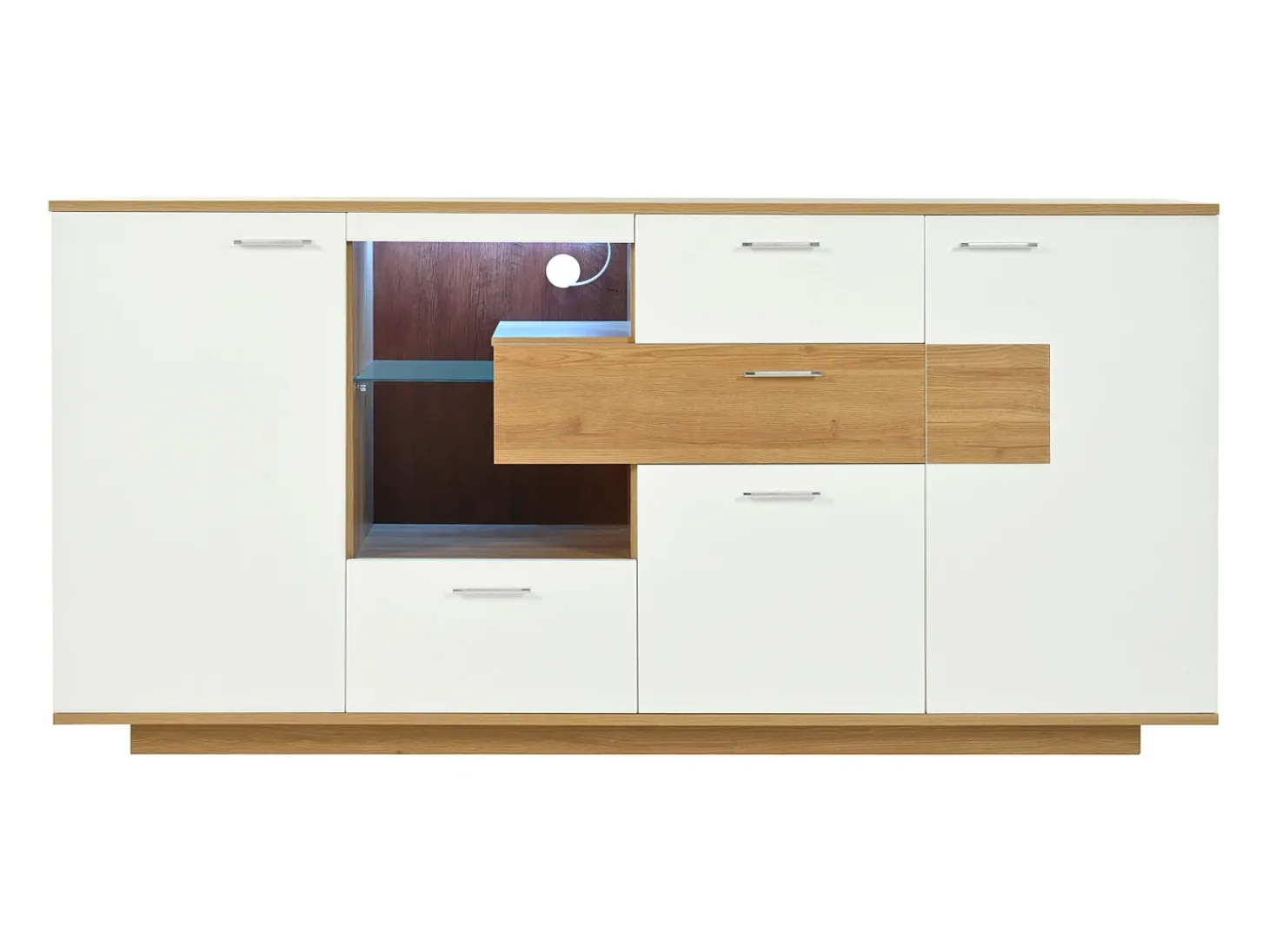 Aparador 160x40x77cm con 4 cajones, 2 puertas, 1 nicho y LED, cuerpo en madera y chapa blanca