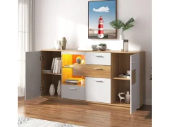 Aparador 160x40x77cm con 4 cajones, 2 puertas, 1 nicho y LED, cuerpo en madera y chapa blanca