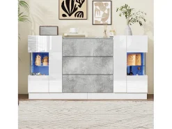 Aparador 140x35x75cm con 2 puertas de cristal y LED, 3 cajones y tapa chapada en mármol gris, cuerpo lacado en blanco