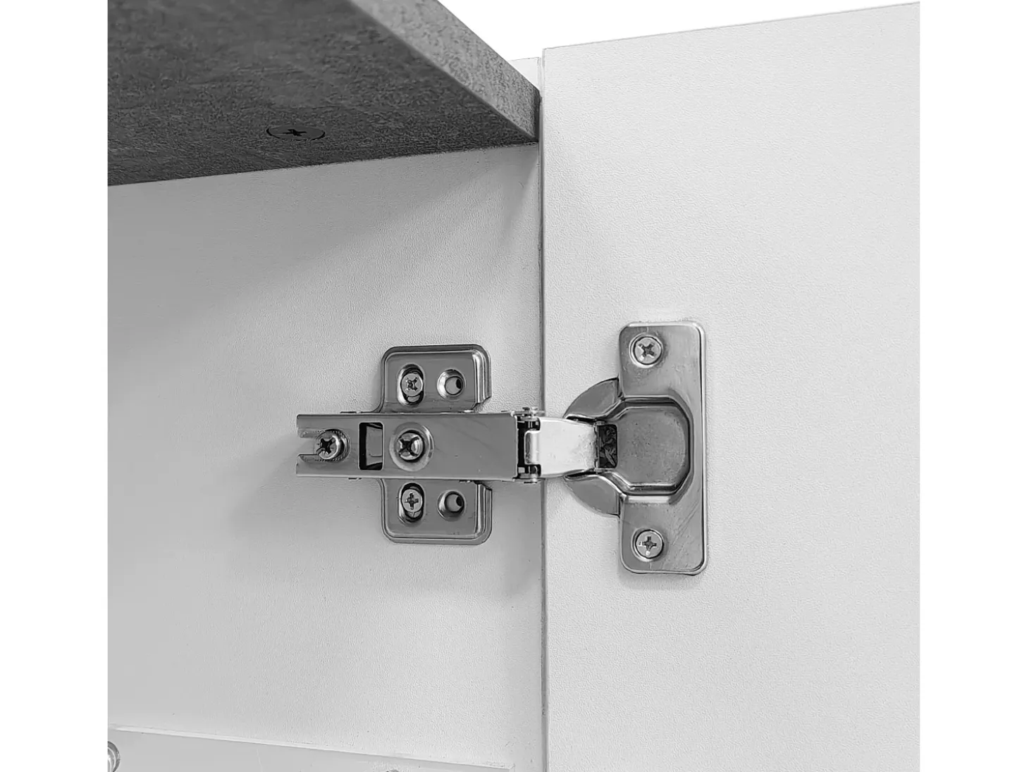 Aparador 140x35x75cm con 2 puertas de cristal y LED, 3 cajones y tapa chapada en mármol gris, cuerpo lacado en blanco