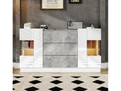 Aparador 140x35x75cm con 2 puertas de cristal y LED, 3 cajones y tapa chapada en mármol gris, cuerpo lacado en blanco