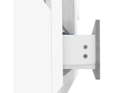Aparador 140x35x75cm con 2 puertas de cristal y LED, 3 cajones y tapa chapada en mármol gris, cuerpo lacado en blanco