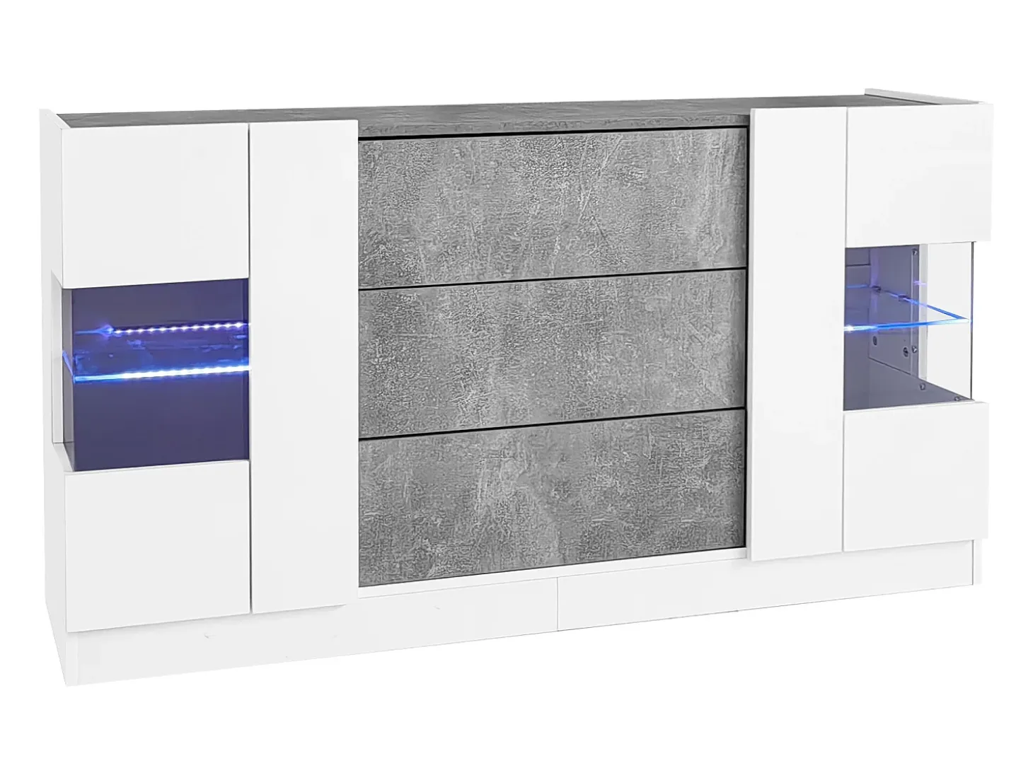 Aparador 140x35x75cm con 2 puertas de cristal y LED, 3 cajones y tapa chapada en mármol gris, cuerpo lacado en blanco