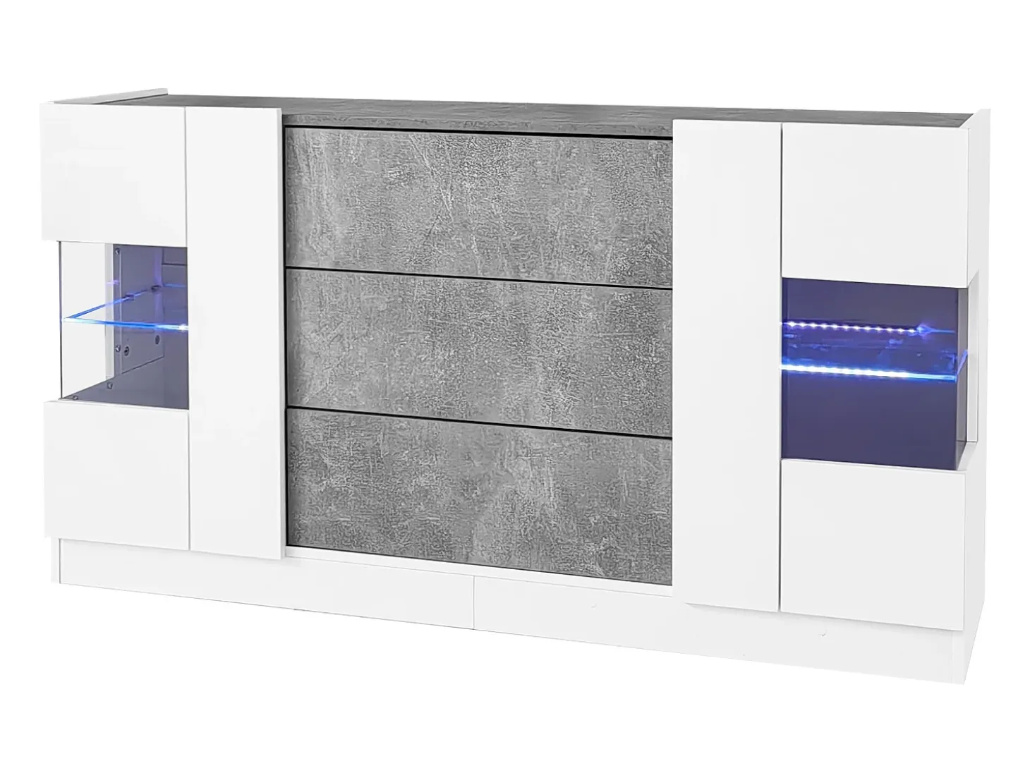 Aparador 140x35x75cm con 2 puertas de cristal y LED, 3 cajones y tapa chapada en mármol gris, cuerpo lacado en blanco