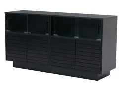 Aparador 130x35x68cm con 4 puertas correderas de cristal y 4 puertas batientes negras, LED incluido