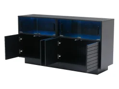 Aparador 130x35x68cm con 4 puertas correderas de cristal y 4 puertas batientes negras, LED incluido