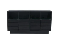 Aparador 130x35x68cm con 4 puertas correderas de cristal y 4 puertas batientes negras, LED incluido