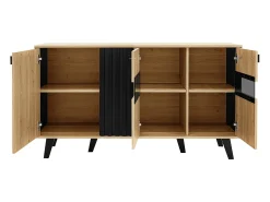 Aparador 140x41x78,5cm con 3 puertas y LED, en chapa imitación madera, natural y negro