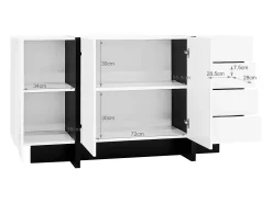 Aparador 150x40x80cm con 3 puertas y 4 cajones, cuerpo en lacado blanco brillo y negro.