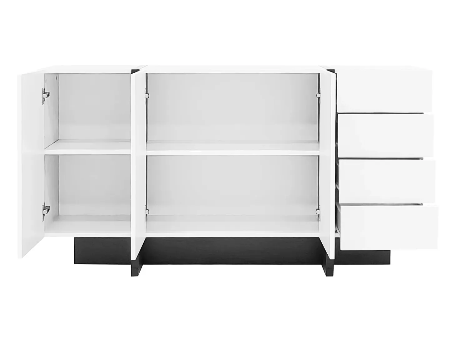 Aparador 150x40x80cm con 3 puertas y 4 cajones, cuerpo en lacado blanco brillo y negro.