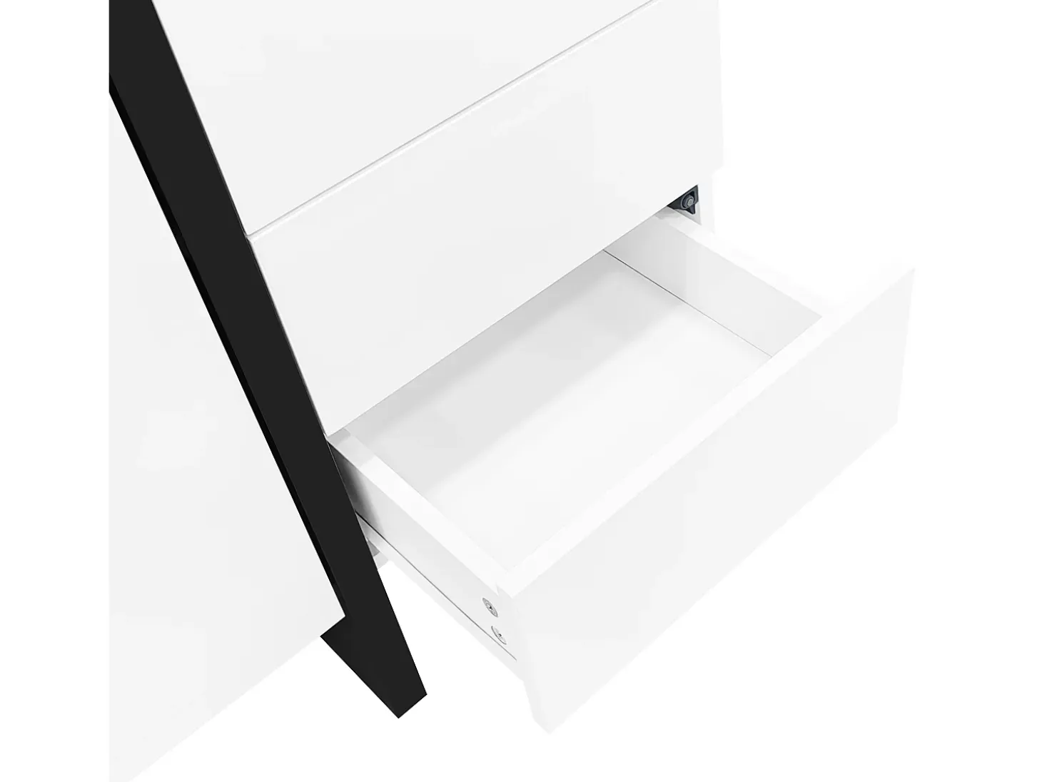 Aparador 150x40x80cm con 3 puertas y 4 cajones, cuerpo en lacado blanco brillo y negro.