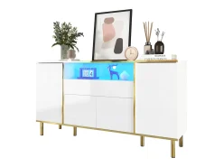 Aparador 150x40x80cm con 4 puertas, 1 cajón y 1 nicho con LED, cuerpo en lacado blanco, cantos y patas en oro.
