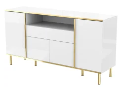 Aparador 150x40x80cm con 4 puertas, 1 cajón y 1 nicho con LED, cuerpo en lacado blanco, cantos y patas en oro.