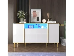 Aparador 150x40x80cm con 4 puertas, 1 cajón y 1 nicho con LED, cuerpo en lacado blanco, cantos y patas en oro.