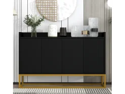 Aparador 120x30x80cm con 4 puertas sin tiradores, patas de metal dorado, cuerpo negro