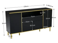 Aparador 150x40x80cm con 4 puertas, 1 cajón y 1 nicho con LED, cuerpo lacado en negro, cantos y patas dorados