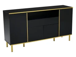 Aparador 150x40x80cm con 4 puertas, 1 cajón y 1 nicho con LED, cuerpo lacado en negro, cantos y patas dorados