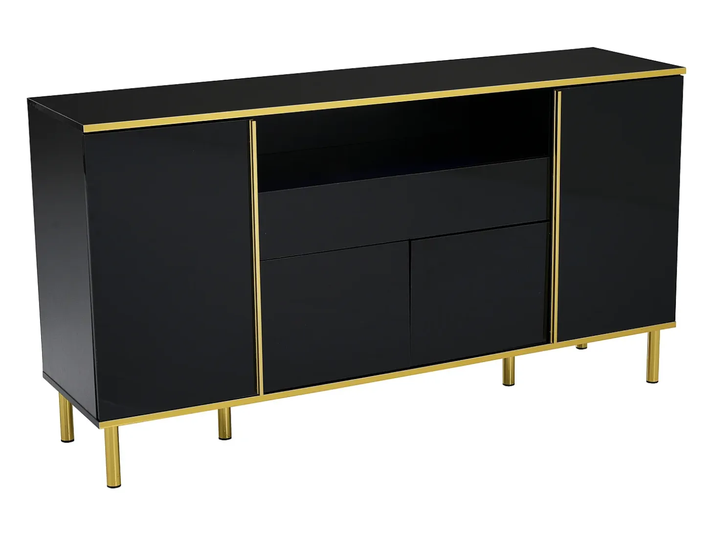 Aparador 150x40x80cm con 4 puertas, 1 cajón y 1 nicho con LED, cuerpo lacado en negro, cantos y patas dorados