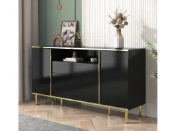 Aparador 150x40x80cm con 4 puertas, 1 cajón y 1 nicho con LED, cuerpo lacado en negro, cantos y patas dorados