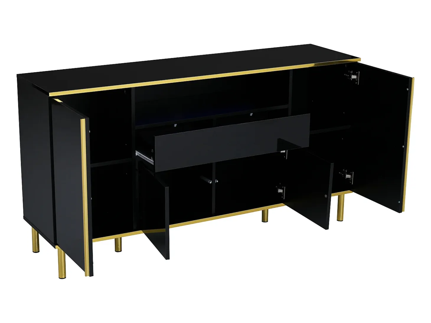 Aparador 150x40x80cm con 4 puertas, 1 cajón y 1 nicho con LED, cuerpo lacado en negro, cantos y patas dorados