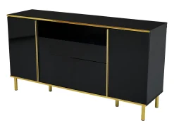 Aparador 150x40x80cm con 4 puertas, 1 cajón y 1 nicho con LED, cuerpo lacado en negro, cantos y patas dorados