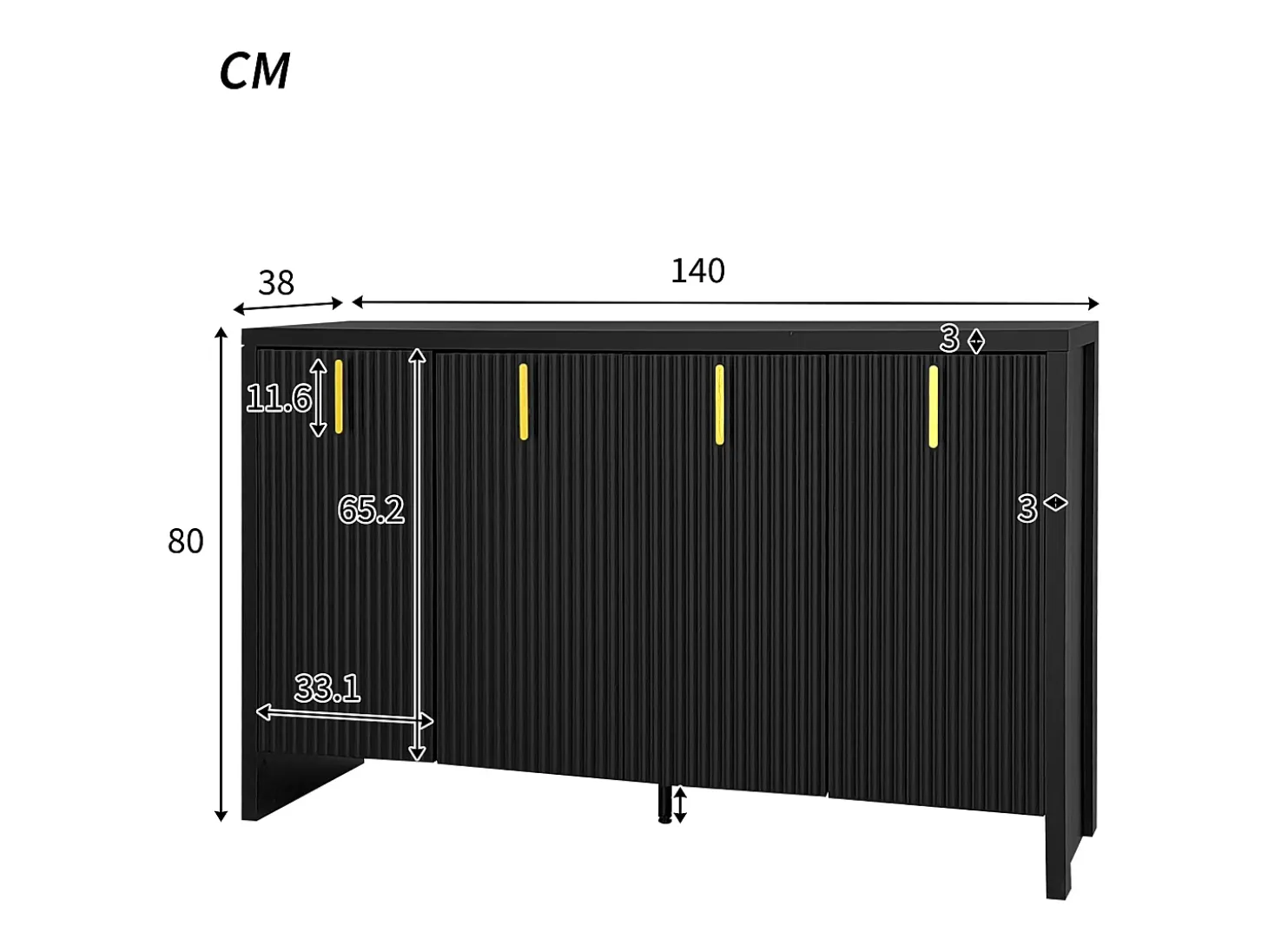 Aparador 140x80x38cm, con 4 puertas, tiradores dorados y divisores regulables, diseño elegante, tablero de partículas, color negro