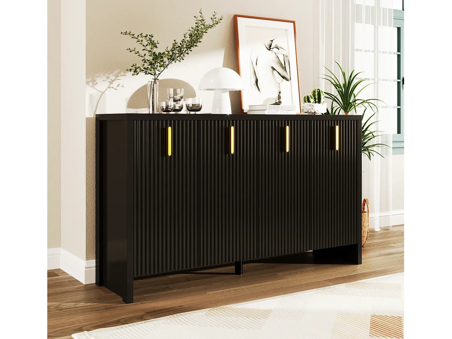 Aparador 140x80x38cm, con 4 puertas, tiradores dorados y divisores regulables, diseño elegante, tablero de partículas, color negro