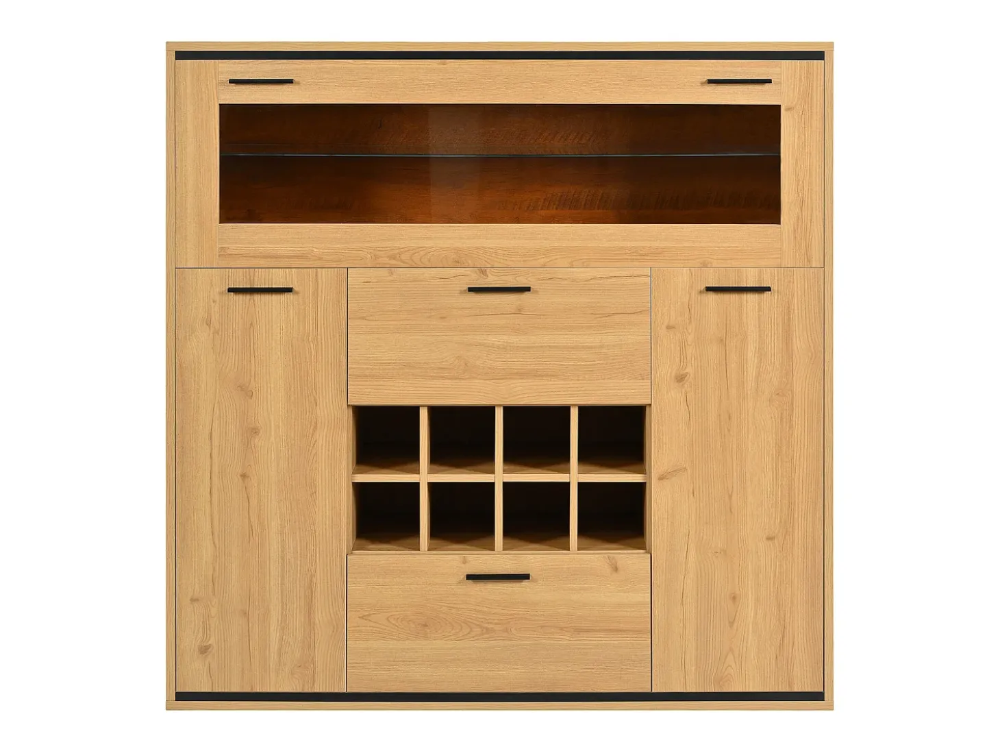 Aparador 110x38x111cm con 3 puertas incluyendo 1 puerta de cristal, 2 cajones y botelleros, LED incluido, en color madera natural clara