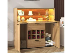 Aparador 110x38x111cm con 3 puertas incluyendo 1 puerta de cristal, 2 cajones y botelleros, LED incluido, en color madera natural clara
