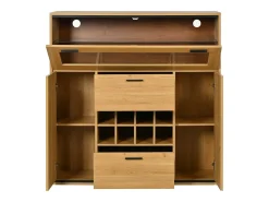 Aparador 110x38x111cm con 3 puertas incluyendo 1 puerta de cristal, 2 cajones y botelleros, LED incluido, en color madera natural clara