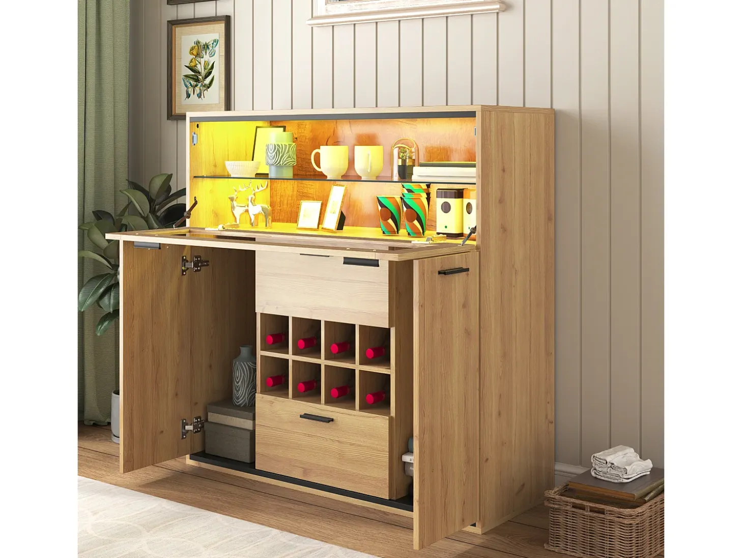 Aparador 110x38x111cm con 3 puertas incluyendo 1 puerta de cristal, 2 cajones y botelleros, LED incluido, en color madera natural clara