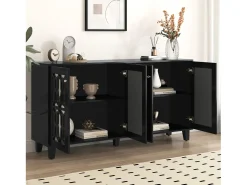 Aparador 160x40x81cm, con 4 puertas de espejo, laminado móvil, tiradores de cristal frío, para salón y comedor, color negro