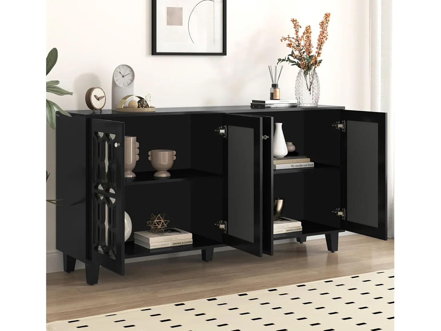 Aparador 160x40x81cm, con 4 puertas de espejo, laminado móvil, tiradores de cristal frío, para salón y comedor, color negro