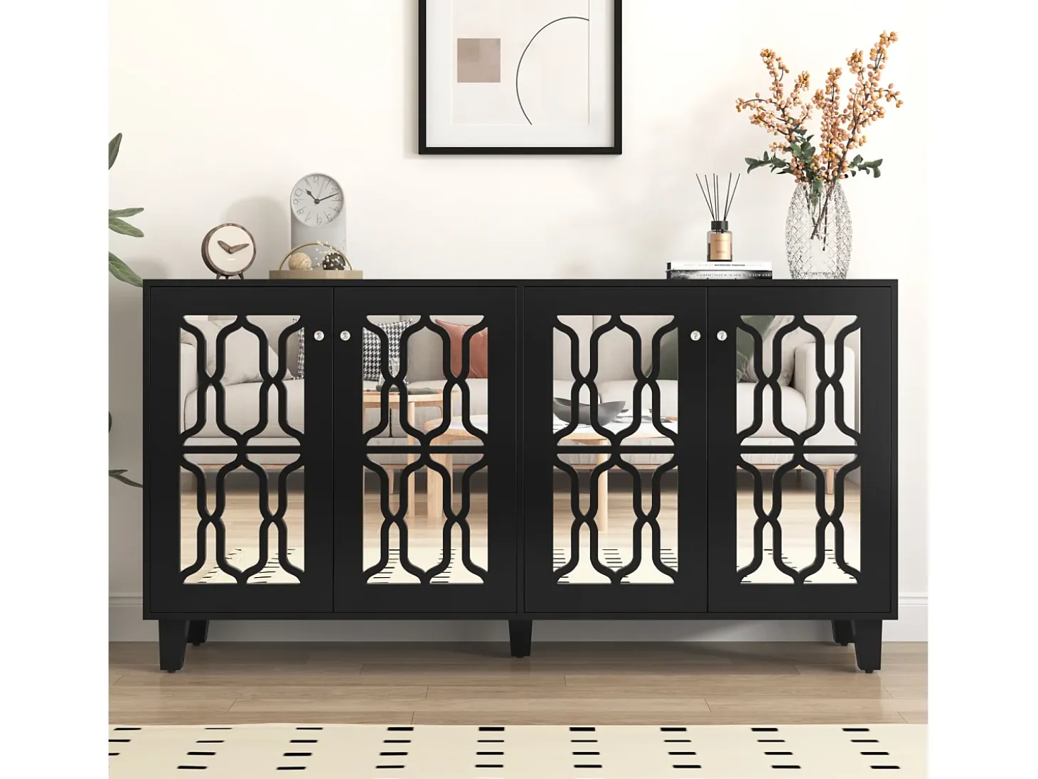 Aparador 160x40x81cm, con 4 puertas de espejo, laminado móvil, tiradores de cristal frío, para salón y comedor, color negro